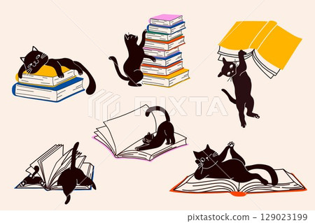Collection of Cats and Books in Fun Poses 129023199
