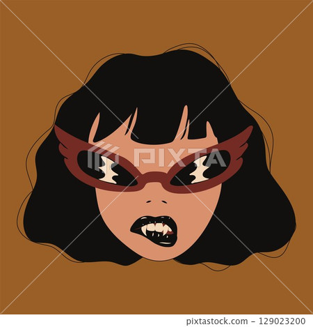 Edgy Cartoon Girl with Vampire Teeth and Sunglasses Edgy Cartoon Girl with Vampire Teeth and Sunglasses 129023200