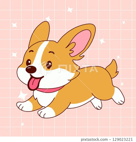 Cute Cartoon Corgi Puppy Running with Tongue Out 129023221