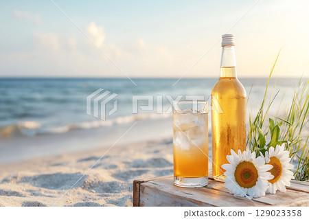 Refreshing Summer Beverage on Beach with Ice and Flowers, Relaxing Coastal Scene Refreshing Summer Beverage on Beach with Ice and Flowers, Relaxing Coastal Scene 129023358