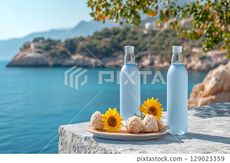 Refreshing Bottled Water and Sunflowers by the Scenic Coastal Shoreline Refreshing Bottled Water and Sunflowers by the Scenic Coastal Shoreline 129023359