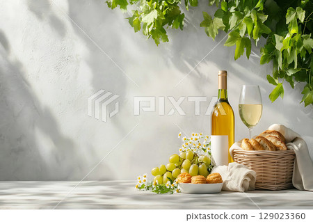 Refreshing Wine and Tasty Snacks with Fresh Grapes on a Light Gray Tabletop Refreshing Wine and Tasty Snacks with Fresh Grapes on a Light Gray Tabletop 129023360