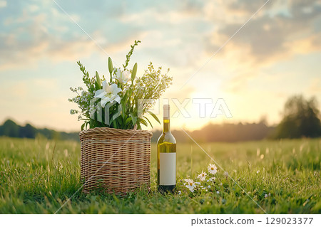 Beautiful Picnic Setting with Flowers and Wine Bottle in Sunset Garden Landscape 129023377