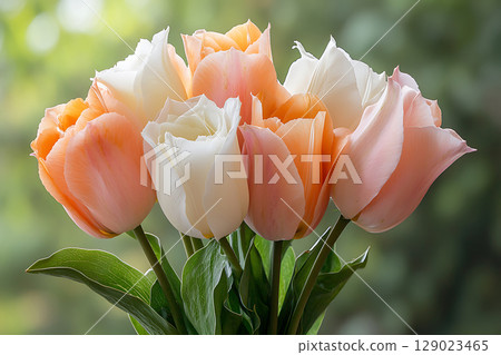 Beautiful Bouquet of Pink and White Tulips with Soft Green Background in Natural Light 129023465