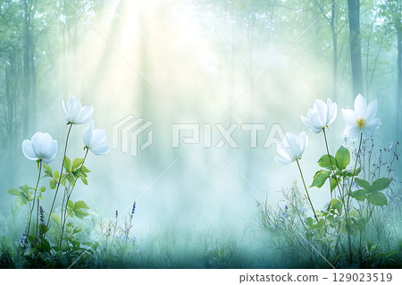 Serene Flower Scene with Soft Mist in Enchanted Forest at Dawn Light and Tranquility 129023519