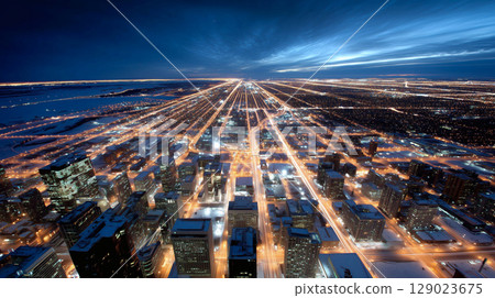 Aerial photography of city elevated light rail night scene 129023675