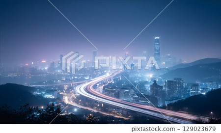 Aerial photography of city elevated light rail night scene 129023679
