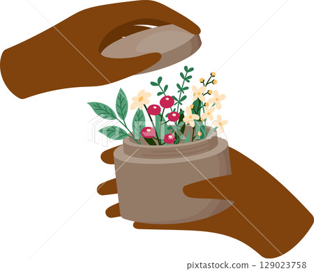 Diverse Hands Open Jar with Flowers Inside. Eco Friendly and Vegan Cosmetics Illustration. Clean Beauty, Sustainable Skincare Concept 129023758