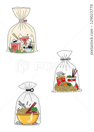 Cartoon Noodles in Plastic Bags Cartoon Noodles in Plastic Bags 129023778