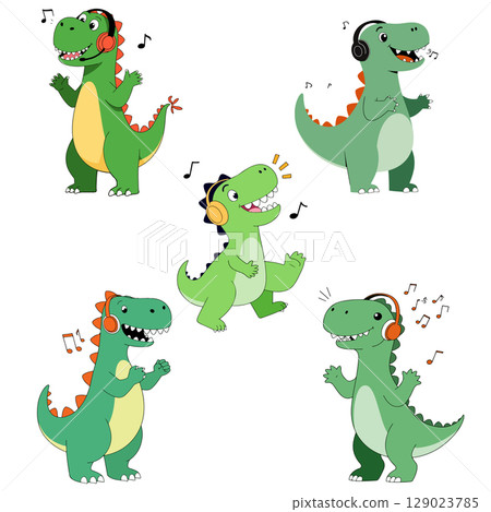 Cartoon Dinosaurs Listening to Music 129023785