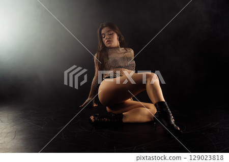 Alluring Woman Dancing Flexible Movements With Body On Floor. Erotic Hot Dance 129023818