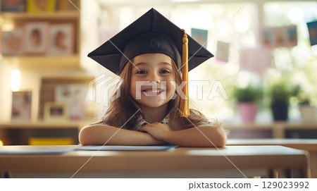 happy preschool graduate girl in cap 129023992