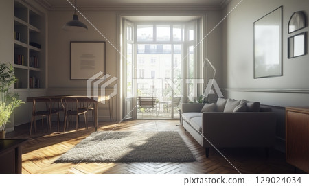 bright and airy parisian apartment living room 129024034