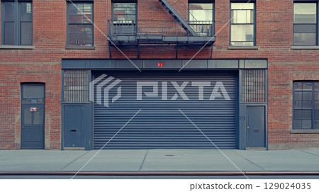 brick building with roll-up door and fire escape 129024035