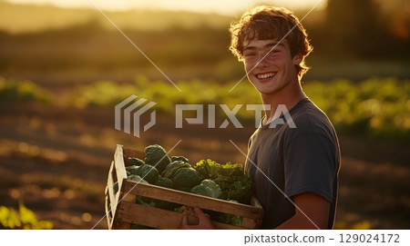 happy young farmer harvesting fresh vegetables 129024172