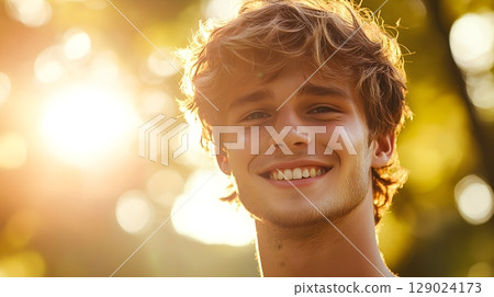 happy young man portrait outdoors in sunlight 129024173
