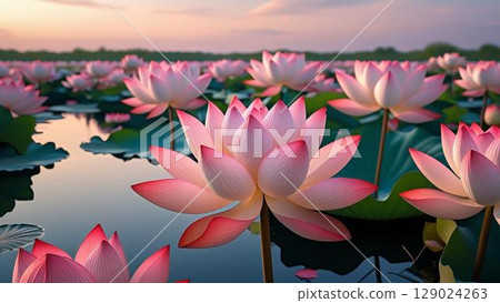 Lotus flowers floating on the water 129024263