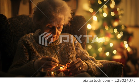 elderly woman knitting by christmas tree 129024375