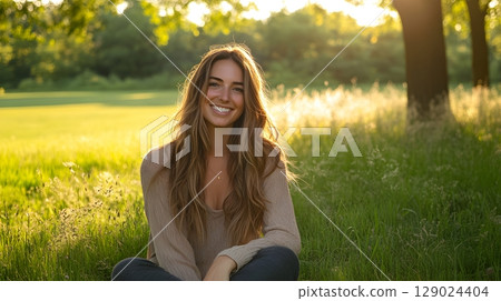 woman sitting in a field at sunset woman sitting in a field at sunset 129024404