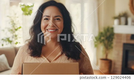 happy woman holding a package at home 129024406
