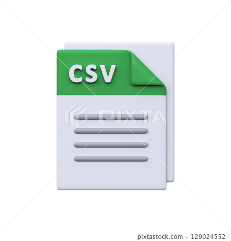 CSV file, format, 3D icon. Text-based spreadsheet file for storing tabular data, values, and database exports. 129024552