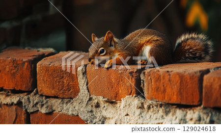 squirrel resting on brick wall 129024618