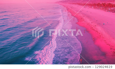 pink beach sunset aerial view pink beach sunset aerial view 129024619
