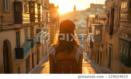 woman traveler exploring sunset city streets 129024633