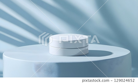 minimalist blue product display with white cosmetic jar minimalist blue product display with white cosmetic jar 129024652