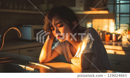 woman in kitchen sunlight feeling sad 129024663