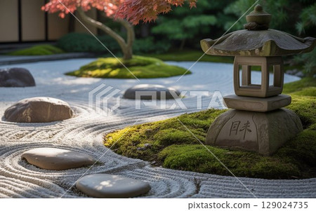Autumn leaves and stone lanterns in the Hojo Garden 129024735