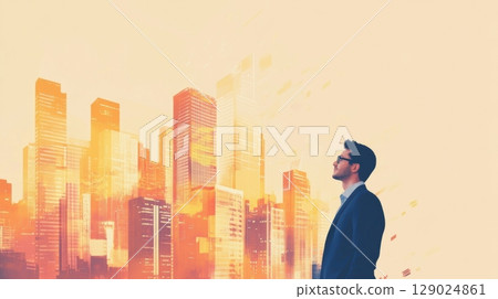 ambitious businessman looking at city skyline ambitious businessman looking at city skyline 129024861