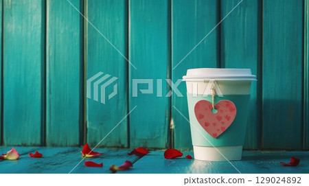 romantic coffee cup with heart and rose petals on teal wooden ba 129024892