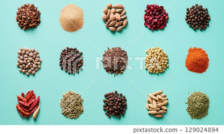 colorful spice collection on teal background 129024894