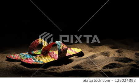 colorful sandals on sandy beach at night 129024898
