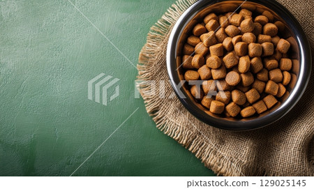 delicious dog food in metal bowl on burlap delicious dog food in metal bowl on burlap 129025145