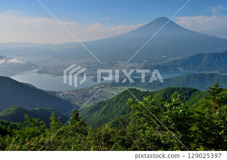 View of Mt. Fuji and Lake Kawaguchi from the first terrace of the Fujiyama Twin Terraces at Shindo Pass in the Misaka Mountains View of Mt. Fuji and Lake Kawaguchi from the first terrace of the Fujiyama Twin Terraces at Shindo Pass in the Misaka Mountains 129025397