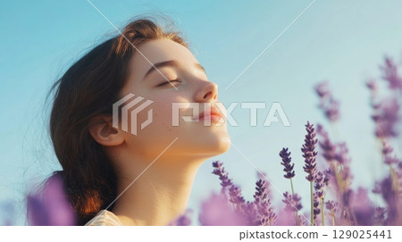 woman breathing fresh air in lavender field-插圖素材 [129025441] - PIXTA圖庫