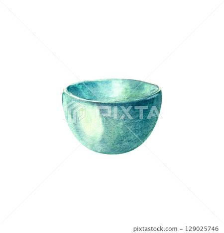 Ceramic blue food bowl. Watercolor hand drawn illustration for design. Ceramic blue food bowl. Watercolor hand drawn illustration for design. 129025746