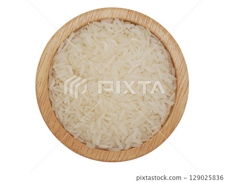 Top View of Raw Jasmine Rice in Wooden Container Top View of Raw Jasmine Rice in Wooden Container 129025836