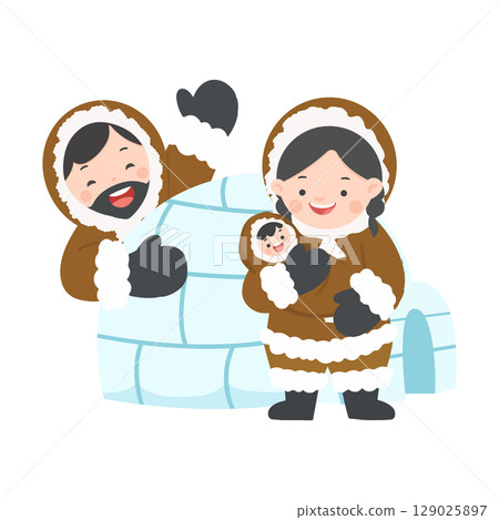 Cartoon Illustration of Happy Eskimo Family With Igloo Cartoon Illustration of Happy Eskimo Family With Igloo 129025897