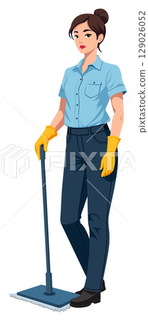 Woman Cleaning Mop Isolated White 129026052