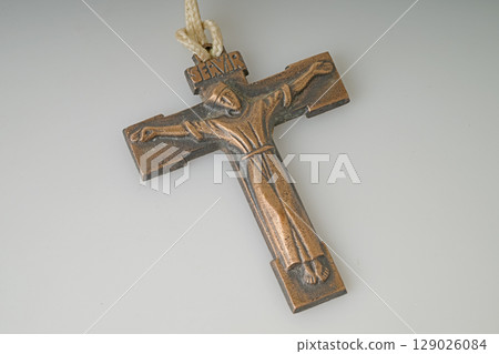Symbolic antique Catholic Crucifix on white Symbolic antique Catholic Crucifix on white 129026084