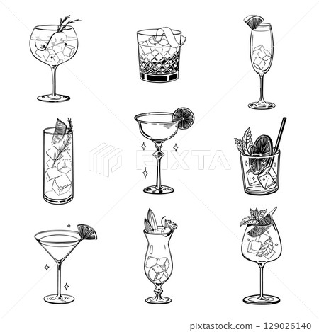 Collection of hand drawn vector illustrations of assorted cocktails in various glasses with ice cubes garnishes citrus herbs and straws elegant black and white line art set isolated on white 129026140