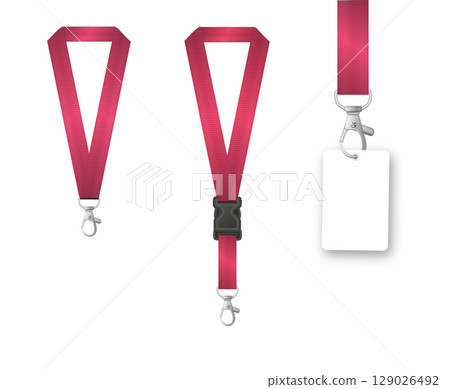 Badges Lanyard design. Identification card with ribbon. Metal closure and card with plastic. Accreditation for events congresses and companies. Vector 129026492