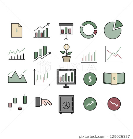 Stock Market items, charts, money and investment. Icon Vector 129026527