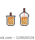 Cup of Brown sugar Milk Bubble Tea. Vector icon in 8 bit style 129026528