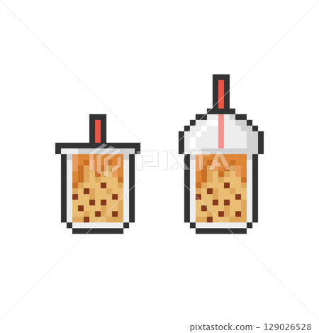 Cup of Brown sugar Milk Bubble Tea. Vector icon in 8 bit style Cup of Brown sugar Milk Bubble Tea. Vector icon in 8 bit style 129026528