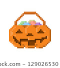 Pumpkin bucket with colorful candy for Halloween icon. Pixel 8bit style 129026530