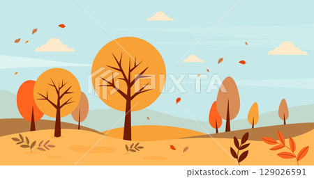 Autumn landscape with trees and falling leaves and blue sky with clouds. Autumnal park poster. Minimal flat fall horizontal background. Vector illustration. Perfect for seasonal web banners. Not AI Autumn landscape with trees and falling leaves and blue sky with clouds. Autumnal park poster. Minimal flat fall horizontal background. Vector illustration. Perfect for seasonal web banners. Not AI 129026591